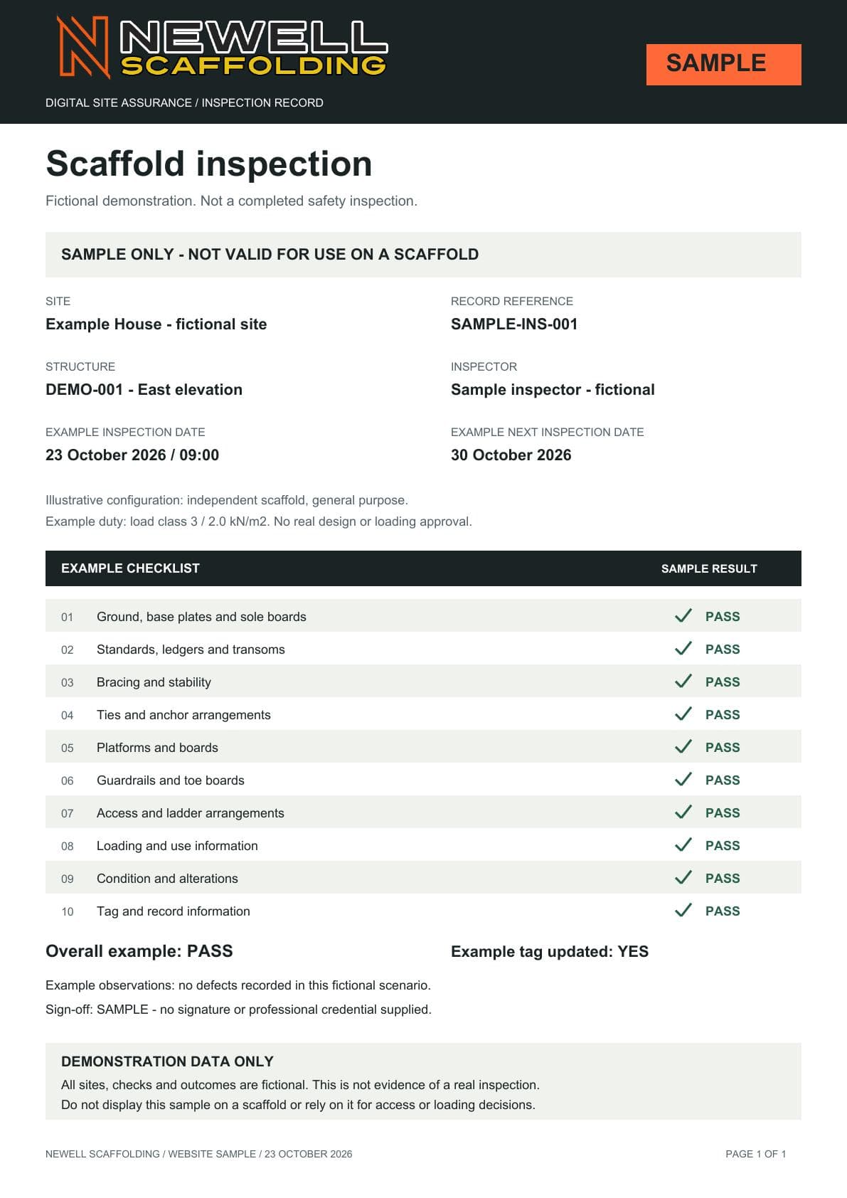 SAMPLE inspection report for fictional Example House, with all ten example checks ticked. Not a valid inspection certificate.